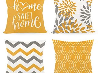 Juego de 4 fundas de cojín de 45 x 45 cm, con inscripción «Home Sweet Home», funda de cojín decorativa con cremallera oculta, cojín de sofá, cojín de sofá de Navidad (naranja y amarillo)