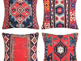 Juego de 4 Fundas de Cojín Patrón de alfombra turca Funda de Almohada Cuadrada de algodón y lino 45x45cm Rojo Fundas para cojines Étnico Tribal Estilo Decoración para el Hogar para Exterior Interior