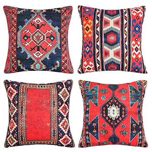 Juego de 4 Fundas de Cojín Patrón de alfombra turca Funda de Almohada Cuadrada de algodón y lino 45x45cm Rojo Fundas para cojines Étnico Tribal Estilo Decoración para el Hogar para Exterior Interior