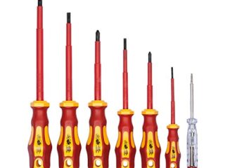 Juego de 7 destornilladores aislados y buscapolos de WIESEMANN 1893 I Aprobado por la VDE | Destronilladores para electricistas I Planos y PH I 80218