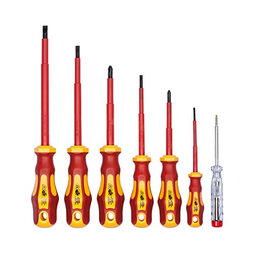Juego de 7 destornilladores aislados y buscapolos de WIESEMANN 1893 I Aprobado por la VDE | Destronilladores para electricistas I Planos y PH I 80218
