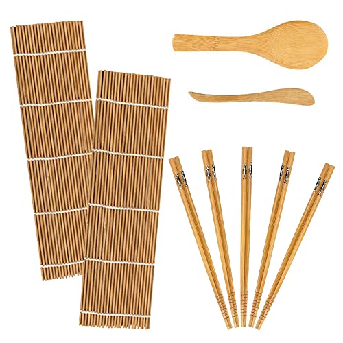 Juego de 9 piezas para hacer sushi de bambú para principiantes, incluye 2 alfombrillas de bambú para liar de bambú, 5 pares de palillos, 1 pala de arroz, 1 esparcidor de arroz.