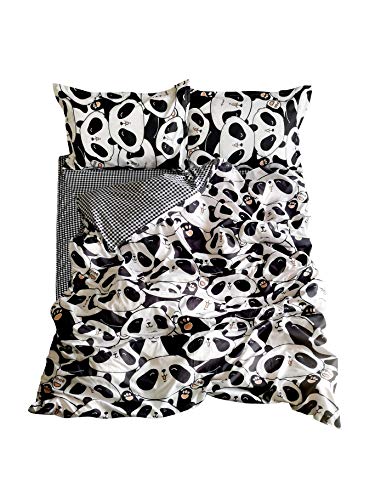 Juego de Cama para Adulto/niño Reversible de 150 x 200 cm + 2 Fundas de Almohada + 1 sábana encimera de 200 x 230 cm – Funda de edredón con Cremallera en Cuadros Panda / Wapitis Cartoon