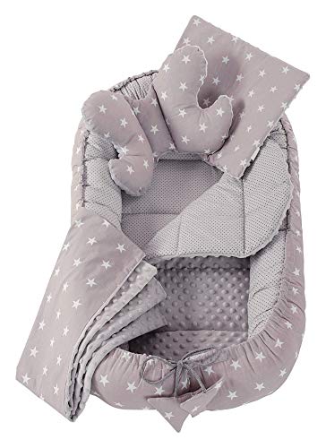 Juego de Cuna de 5 Piezas Incluye Nido para bebé de 90x50cm 100% algodón Medi Partners cojín Plano Manta para Gatear cojín de Mariposa(Estrellas con Gris)
