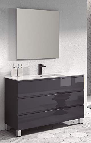 Juego de Mueble de Baño Modelo Austria Porcelana, Conjunto formado por Mueble de Baño Lacado en Antracita Ancho 120cm, Lavabo de Porcelana y Espejo a Juego