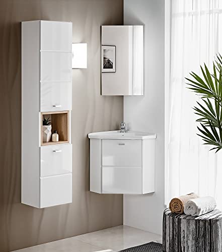 Juego de Muebles de baño FINKA, Mueble de Lavabo esquinero, Espejo esquinero, Armario Alto, Muebles para baño pequeño, Lavabo Incluido