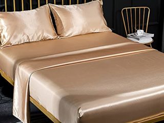 Juego de Sabanas de Cama 4 Piezas Raso Color Sólido, 1 x Sábana Bajera Ajustable 135x190 cm con 35 Bolsillo Profundo, 1 x Hoja Plana y 2 x Fundas de Almohada, Bronce