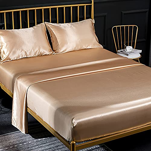 Juego de Sabanas de Cama 4 Piezas Raso Color Sólido, 1 x Sábana Bajera Ajustable 135x190 cm con 35 Bolsillo Profundo, 1 x Hoja Plana y 2 x Fundas de Almohada, Bronce
