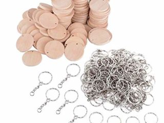 JZK 100 x Rodajas de círculos de madera 3.5 cm con agujeros y llaveros para manualidades, discos de madera para pirograbado favores banquetes boda regalo decoraciones para árboles de navidad