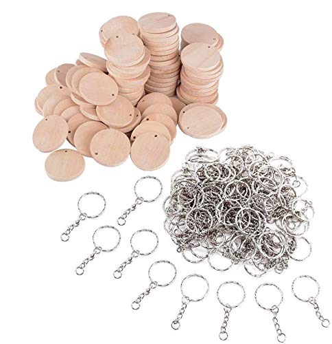 JZK 100 x Rodajas de círculos de madera 3.5 cm con agujeros y llaveros para manualidades, discos de madera para pirograbado favores banquetes boda regalo decoraciones para árboles de navidad