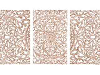 KA HALE DECO Cabecero de Cama, Panel Mural Mandala 3 Partes, Blanco Lavado, 140 x 1,8 x 80