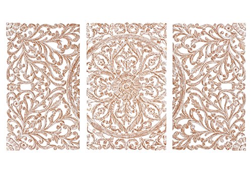 KA HALE DECO Cabecero de Cama, Panel Mural Mandala 3 Partes, Blanco Lavado, 140 x 1,8 x 80
