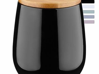 KADAX Bote cosmético hecho de cerámica con tapa de bambú para almacenamiento de discos de algodón, bote universal para cuarto de baño, redondo (negro)