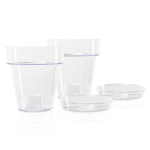 Kalapanta Maceta de plástico Transparente para orquídeas con Agujeros de Drenaje y platillo (2, Ø 16 cm)