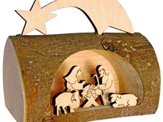 Kaltner Präsente Idea de regalo Belén de Navidad de madera con Jesús, María y niño en un tronco de árbol con corteza de Tirol del Sur