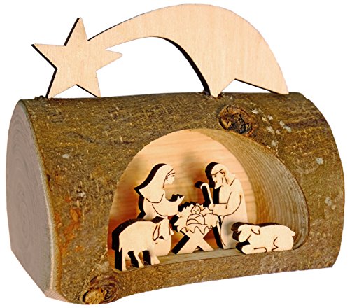Kaltner Präsente Idea de regalo Belén de Navidad de madera con Jesús, María y niño en un tronco de árbol con corteza de Tirol del Sur