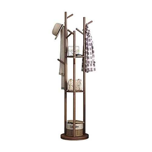 KASLANDI perchero de pie, percheros de pie de madera, Diseño giratorio de 360° con 3 estantes y 9 ganchos, traje usado para Cuelga ropa, sombreros, ser aplicable dormitorio, oficina, nogal Marrón