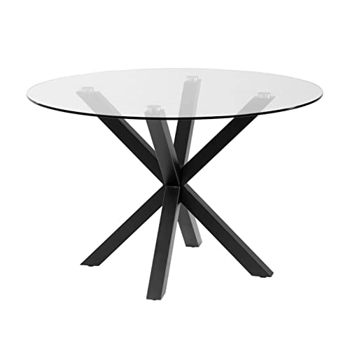 Kave Home - Mesa redonda de cristal y patas de acero con acabado negro Ø 119 cm