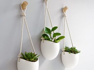 KAZAI.® | Jarrones de Pared de Porcelana | Juego de 3 Piezas | Incluye Ganchos de Madera | Blanco Mate