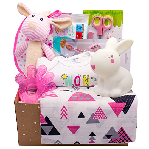 Kelzia Canastilla para Bebé Recién Nacido - Caja de Regalo de Bienvenida con Ropa de Algodón, Pañales y Toallitas Biodegradables, Peluche y Más - Vegano, Algodón Hipoalergénico - Unisex (BBOX5)