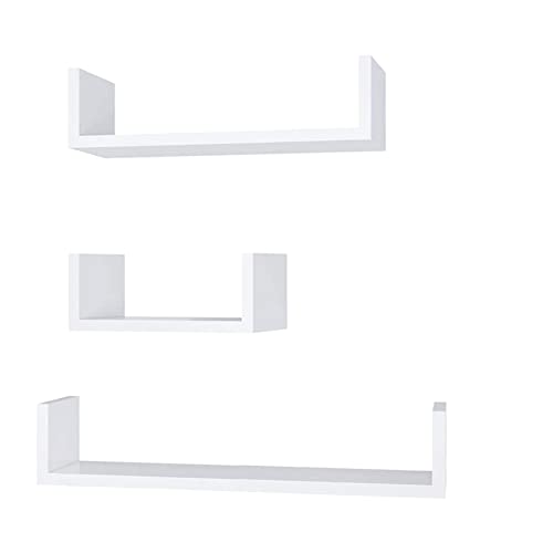KELZIA Estantería para Pared en Forma de U-Set de 3 Estantes Flotantes-Juego de Baldas para Libros y Objetos de decoración- 3 Repisas auxiliares (Blanca)