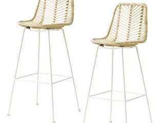 Kenay Home - Pack 2 Taburetes Altos con Respaldo para Cocina Comedor Ratán Cali Patas Blancas 46x46x107cm (WxDxH)