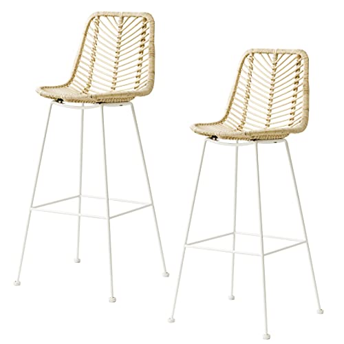 Kenay Home - Pack 2 Taburetes Altos con Respaldo para Cocina Comedor Ratán Cali Patas Blancas 46x46x107cm (WxDxH)