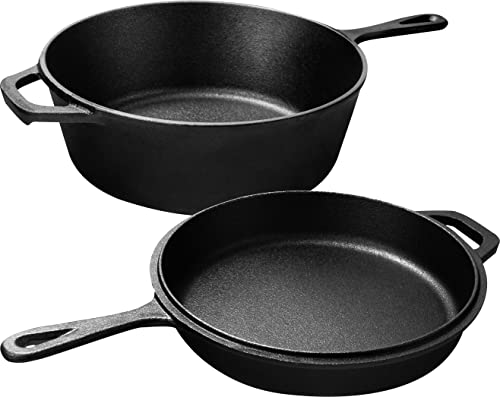 KICHLY - Combo de Cocina de Hierro Fundido 2 en 1, Incluye una sartén de 26 cm (10,25 Pulgadas) y una Olla Holandesa de 3,2 Cuartos de galón/3,0L para cocinar y Acampar, al Aire Libre y en Interiores