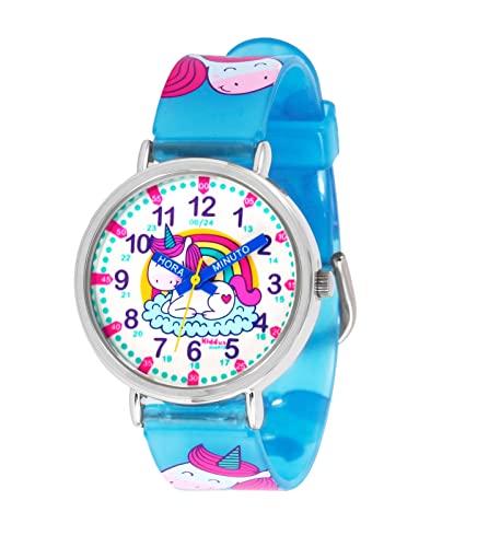 KIDDUS Reloj Educativo para niña, Chica, Chico. De Pulsera, analógico. Time Teacher fácil de Leer para Aprender la Hora. Ejercicios incluídos. Unicornio Manillas en Español. Fluorescente