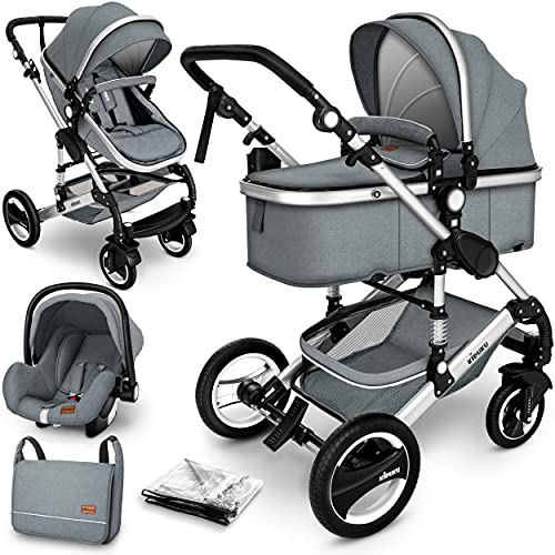 KIDUKU® Carrito de Bebé 3 en 1 | Silla de Paseo para Niños | Carricoche de 3 Piezas | Capazo, Cambiador, Cubrepiés | Sillita Coche Ligera Infantil (Gris)
