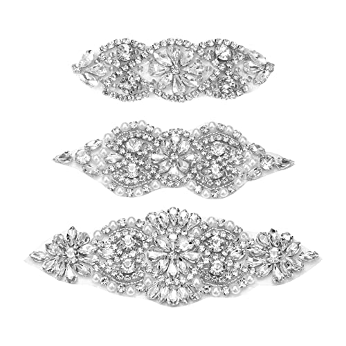 KINBOM 3 piezas Apliques de Cristal para Ropa, Apliques Boda Apliques Nupciales Apliques de Diamantes de Imitación para Planchar Apliques de Cristal para Vestido (Plata)