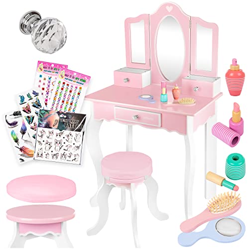 Kinderplay Tocador de Maquillaje Grande de Madera - con Espejo para Niñas - Tocador Maquillaje con Accesorios, Rosa para Niños, Tocadores Maquillaje (GS3300)