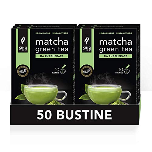 King Cup - 5 Paquetes de 10 Sobres Solubles de Tè Matcha Sin Azúcar, 50 Stick de 6 Gr para Bebida con Sabor de Matcha Tea da Agregar a 60 ml de Agua Caliente, Sin Gluten y Sin Lactosa