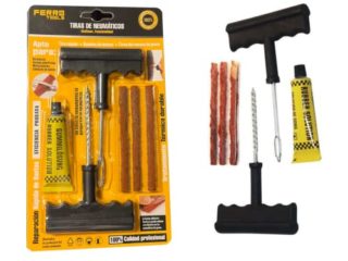 Kit Antipinchazos Coche, Arreglo en 15 min, Repara Pinchazos Coche, Moto, Valido para Todo Tipo de neumáticos, Compuesto por 3 Mechas, 1 Herramienta T en Espiral, 1 Herramienta T de inserción y Cola