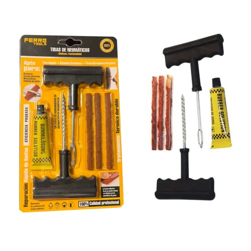 Kit Antipinchazos Coche, Arreglo en 15 min, Repara Pinchazos Coche, Moto, Valido para Todo Tipo de neumáticos, Compuesto por 3 Mechas, 1 Herramienta T en Espiral, 1 Herramienta T de inserción y Cola