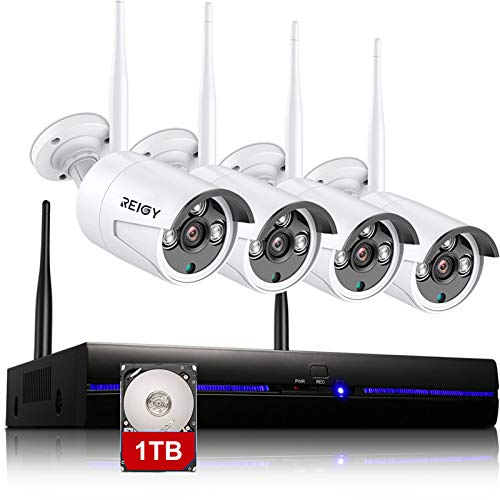 Kit Camara de Vigilancia WiFi Exterior con 1TB Disco Duro, Sistema de Cámara Seguridad Inalámbrico con 4X960P Camara IP y 8CH NVR, Visión Nocturna Detección Movimiento Alerta de Correo-REIGY