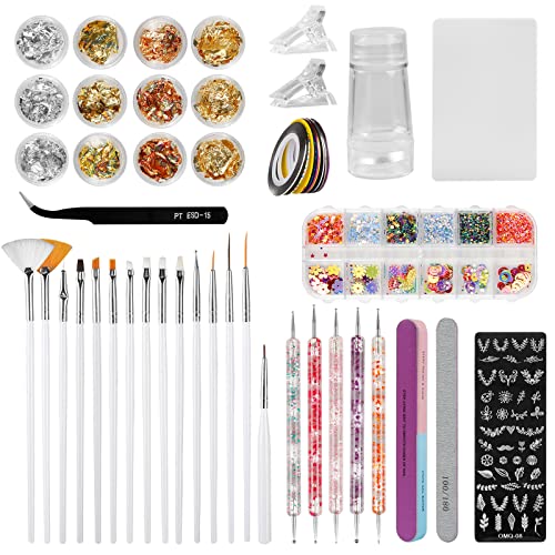 Kit de Accesorios Decoración Uñas Nail Art, GuKKK 53 Pcs Suministros de Uñas con Juego, 4 Uds Plantillas de Sellos de Uñas, 15 Pinceles para Uñas, Placas para Sellos de Uñas, Cintas Adhesivas Uñas