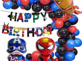 Kit de arco de globo para fiesta de cumpleaños con temática de superhéroes color rojo negro y azul incluye una pancarta de feliz cumpleaños perfecta para decoraciones de fiesta de cumpleaños de niños