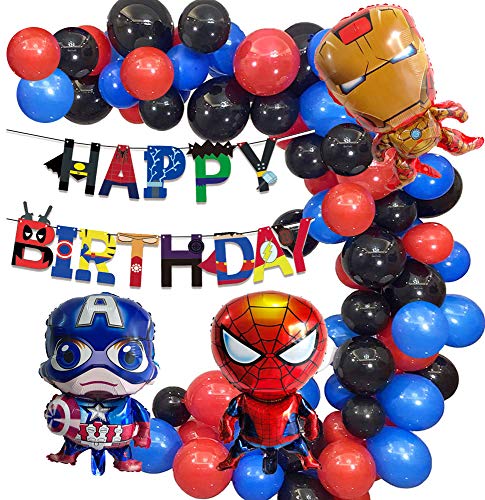 Kit de arco de globo para fiesta de cumpleaños con temática de superhéroes color rojo negro y azul incluye una pancarta de feliz cumpleaños perfecta para decoraciones de fiesta de cumpleaños de niños