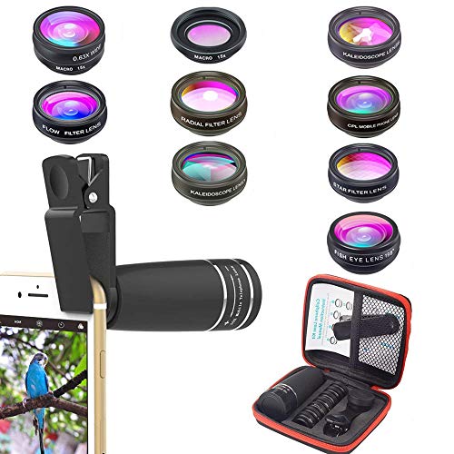 Kit de lentes de teléfono, lente de zoom 10 en 1 + lente ojo de pez + lente gran angular y macro lente CPL/Flow/Radial/Filtro de estrella+lente caleidoscopio 3/6 para iPhone X 8 7 6 6s Plus Samsung