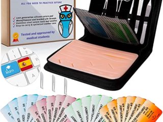 Kit de sutura quirúrgica para practicar | video de aprendizaje en español | 33 piezas en un estuche compartimentado | piel artificial | Regalo ideal para estudiantes de medicina y veterinarios