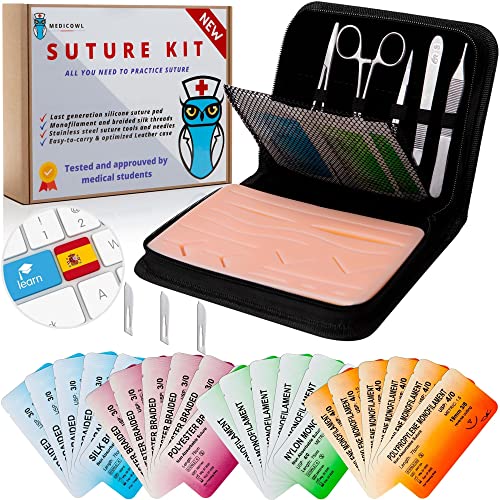 Kit de sutura quirúrgica para practicar | video de aprendizaje en español | 33 piezas en un estuche compartimentado | piel artificial | Regalo ideal para estudiantes de medicina y veterinarios