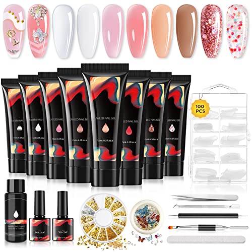 Kit de Uñas de Gel Completo, 8 * 15ml de Uñas Gel, Kit Gel de Extensión de Uñas, Gel Constructor Uñas Kit Con Diamantes de Imitación de Mariposa y Decoración de Uñas Doradas, Regalo de Novia & Mamá