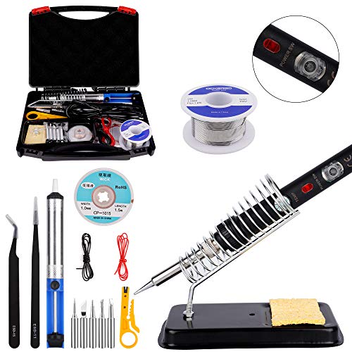 Kit del Soldador,ockred 60W 220V Soldador de estaño,Temperatura Ajustable 200℃~480℃,5pcs Puntas Diferentes,Soporte,Alambre de Soldadura 30g para el Uso Diversamente Reparado