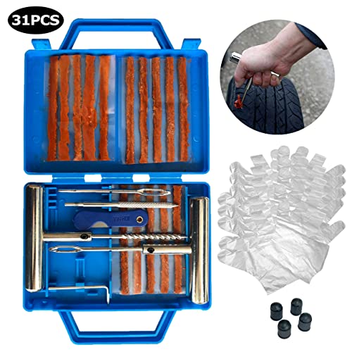 Kit Repara Pinchazos 31 Pcs - Repara Pinchazos Coche - Kit Antipinchazos de Coche para Neumáticos con 15 Tiras – Incluye Guantes Desechables y Tapones de válvulas.