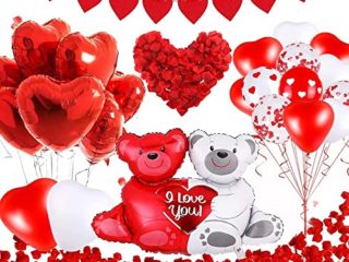 Kit Romántico San Valentín, Globos San Valentín con 1000 Piezas Petalos de Rosa Artificiales, Blanco Rojo Globos Corazon para San Valentín, Aniversario Boda, Compromiso Nupcial Decoraciones Románticas