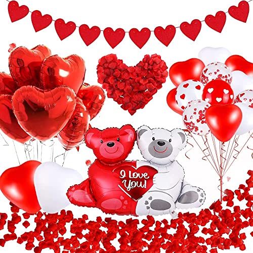 Kit Romántico San Valentín, Globos San Valentín con 1000 Piezas Petalos de Rosa Artificiales, Blanco Rojo Globos Corazon para San Valentín, Aniversario Boda, Compromiso Nupcial Decoraciones Románticas