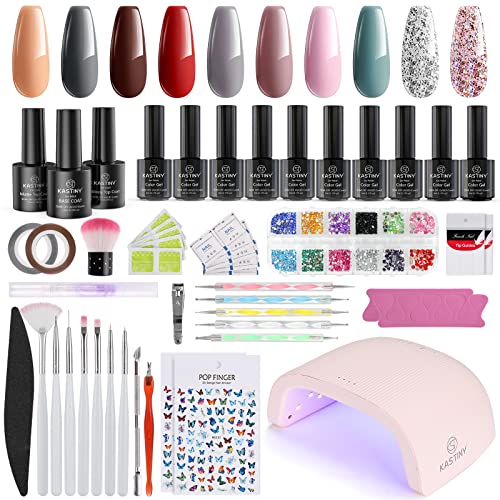 Kit Uñas Semipermanentes, Kastiny Esmaltes Semipermanentes Kit Completo, 10 Colores Kit Uñas de Gel con 72W Lámpara Uñas UV LED, Base y Top Coat, Accesorios para Manicura