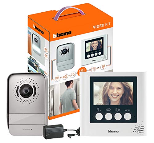 Kit videoportero BTicino 316913, compuesto de un monitor de vídeo interior con pantalla a color de 4,3 pulgadas e interfono exterior de visión nocturna gran angular, acabado blanco.
