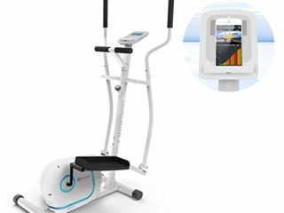 Klarfit Myon Cross - Bicicleta eliptica para casa, 8 niveles de resistencia, Volante de inercia de 12kg, Pantalla LCD, Accionamiento por correa silencioso, Pulsometro, Proteccion de suelo, Blanco seda